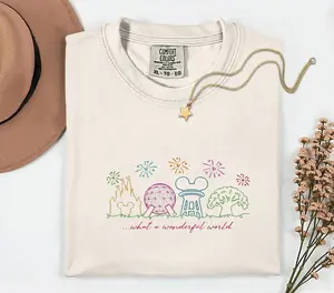 Theme Park Embroidery Shirt, Wonderful World Graphic Tee, Comfort Colors Vacation Outfit, Women’s Park Trip Shirt