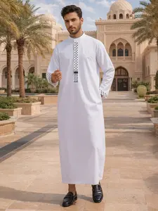 Men's Middle Eastern Traditional Clothing, Islamic Muslim Arabic Style, Classic Robe with Rose Gold Embroidery, Long Sleeve