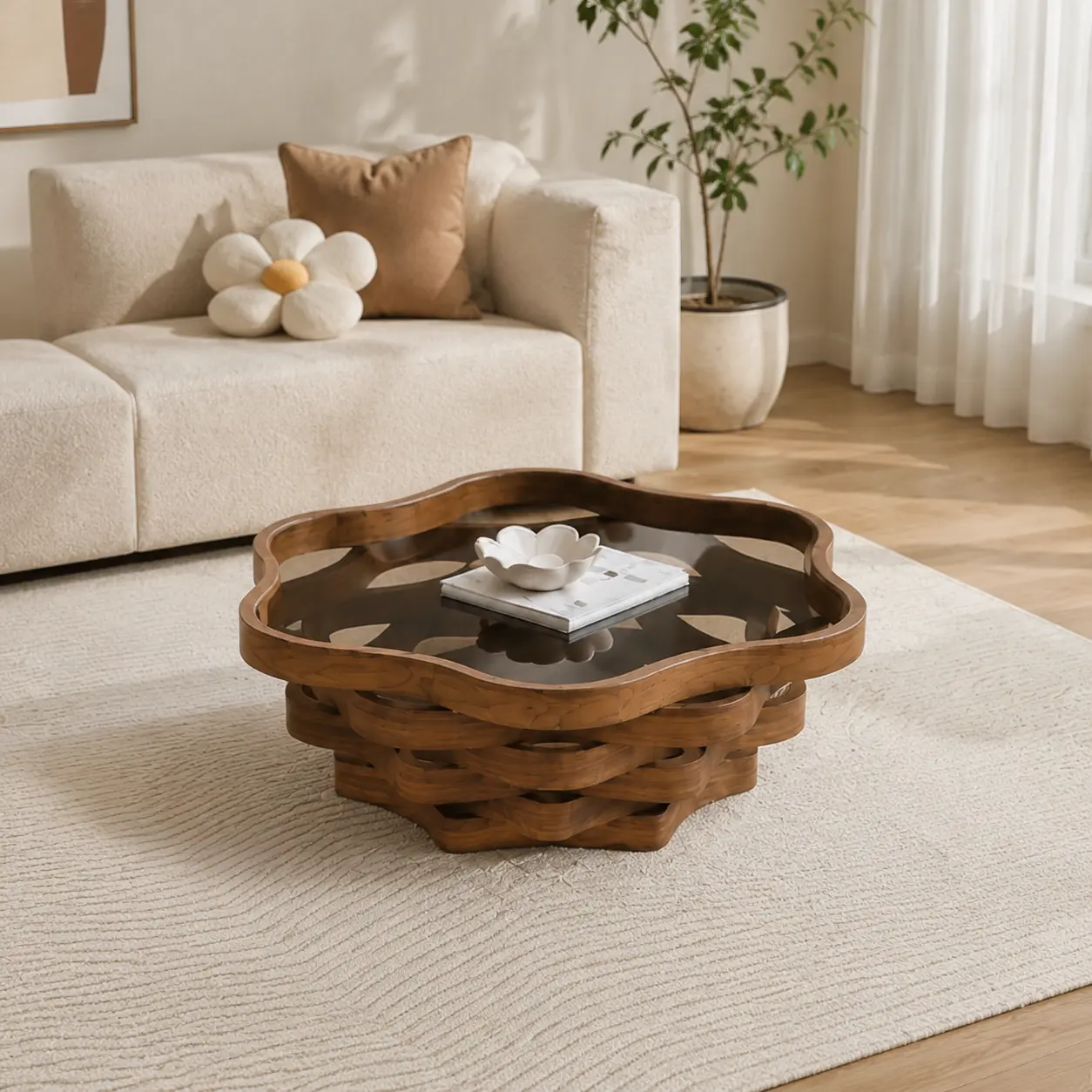 littleox 35.83" Unique Irregular Cloud Shaped Coffee Table with Tempered Glass Top, Multi-Layer Wave MDF Base Modern Artistic Cocktail Table for Living Room & Apartment