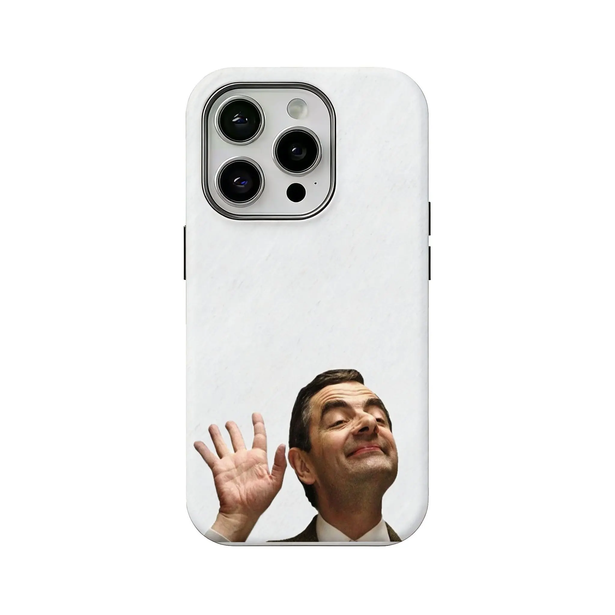 A hilarious Mr. Bean themed phone case, compatible with iPhone 12, 13, 14, 15, 16, and 17. A durable, high-definition printed hard shell phone case that's drop-proof.