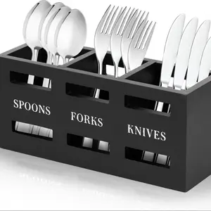 Silverware Caddy, Wooden Utensil Caddy with 3 Compartments, Large Capacity Silverware Holder, Multipurpose Utensil Holder, Flatware Caddy, Stylish Cutlery Holder for Forks Spoons Cutters Knives (Black)