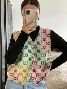 Geometric Pattern Colorblock Open Front Button Knit Sweater, Casual Sleeveless Vest for Spring Summer Fall, Comfortable Women's Clothing