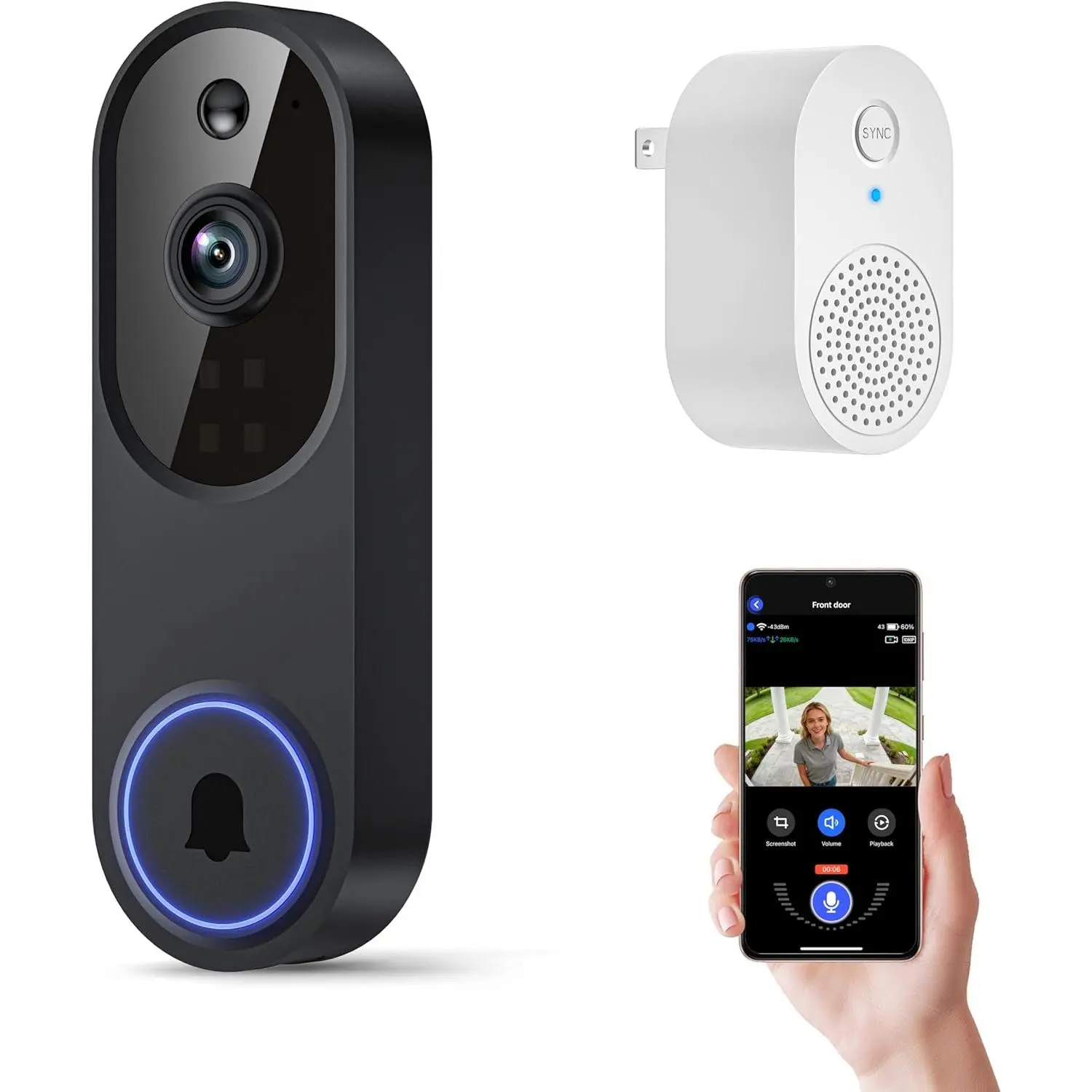 1080p   Video Doorbell Camera with Two Way Audio, Night Vision, Cloud Storage,  AI Motion Detection, Support 2.4GHz  only