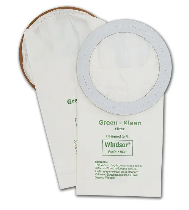Green Klean Windsor 6 qt Backpack Vacuum Replacement Bags - 2 Ply Paper, 99.9% Filtration Efficiency, High-Quality Micro-Plus Filter Media, Better Filtration, Commercial Use - 10 per Case