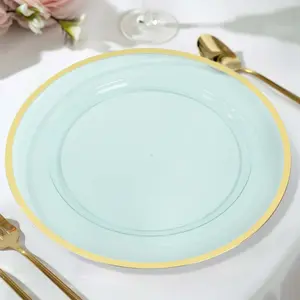 10-Pack Economy Plastic Charger Plates 12" Round Transparent Blue with Wide Gold Rim - Dinner Party Serving Plates