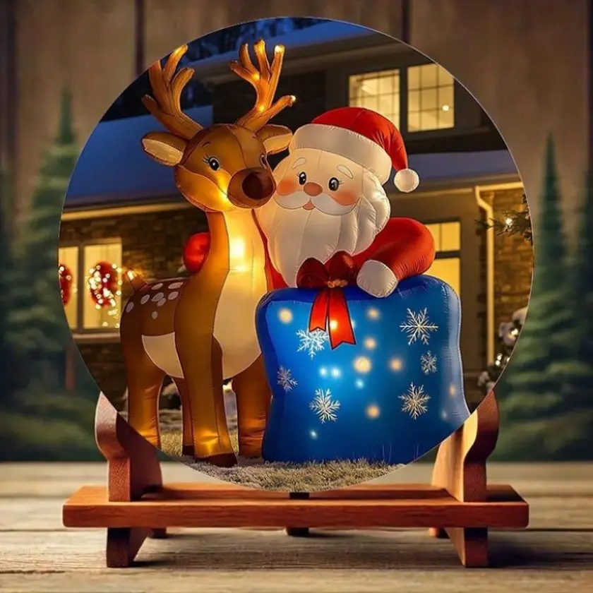 Inflatable Christmas Santa Reindeer Round Sign with Snowflake Outdoor Yard Decor Festive Decoration Holiday Gift Christmas Decorations