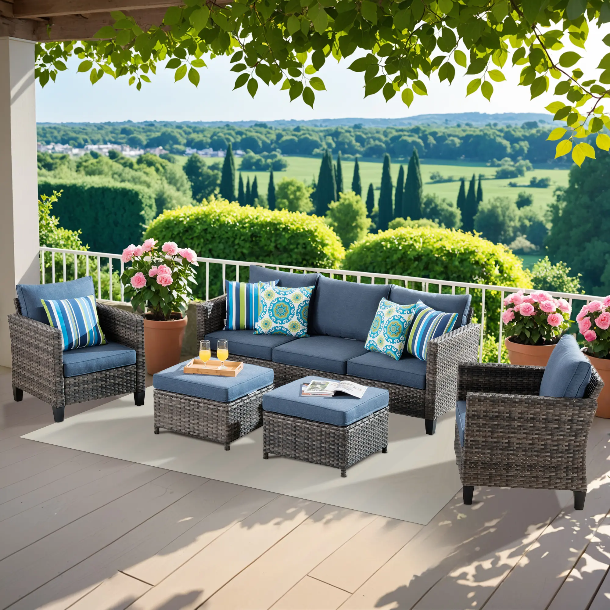 5 Piece Outdoor Patio Furniture with 3 Seat Sofa,Rattan Wicker Coversation Set with 2 Chair,Balcony Sofa Set with Coffee Table for Outside Porch Backyard Pool