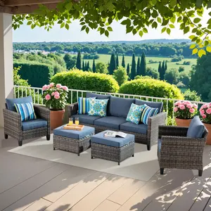 5 Piece Outdoor Patio Furniture with 3 Seat Sofa,Rattan Wicker Coversation Set with 2 Chair,Balcony Sofa Set with Coffee Table for Outside Porch Backyard Pool