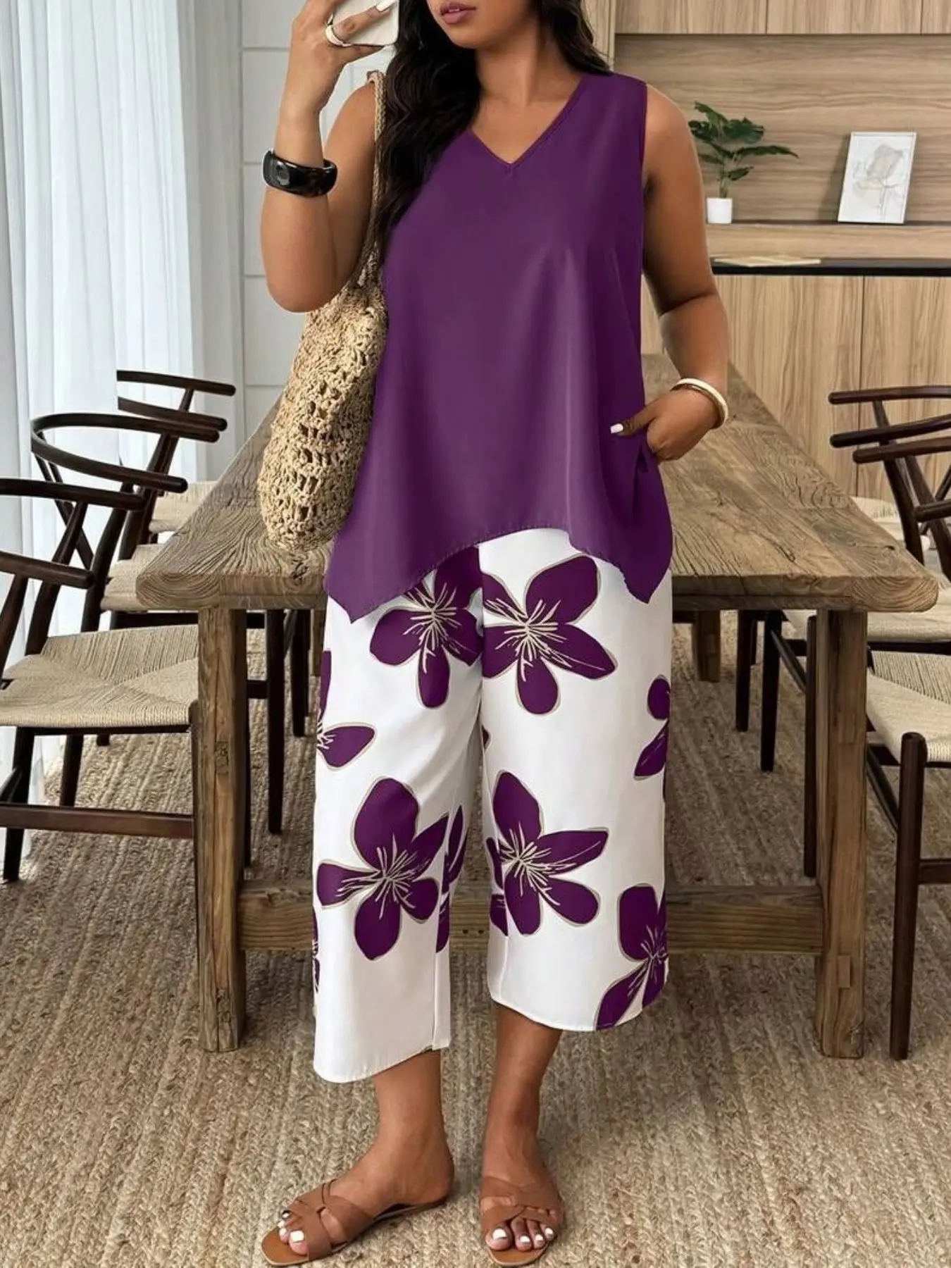 Plus Size Women's Sleeveless Top and Floral Print Wide Leg Pants Set, Casual Vacation Style, Summer Beach Set, Comfortable Daily Wear, Summer Fashion, Tank Top Set