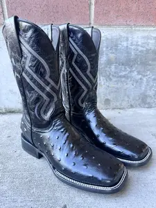 Silverton Ostrich Print Boots - Black Western Style with Unique Ostrich Design and Silver Trim Detailing