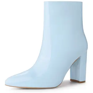 BLISSFUL STEP Pointed Toe Zip Block Heel Ankle Boots