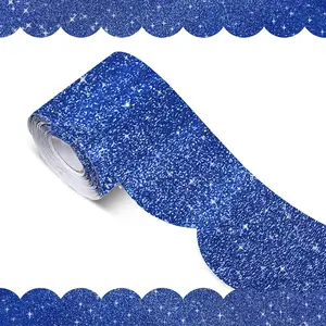 70Ft Glitter Scalloped Bulletin Board Borders - Blue Rolled Border Trim with Wavy Line Design, Shiny Decorative Roll for School, Classroom, Office & Home