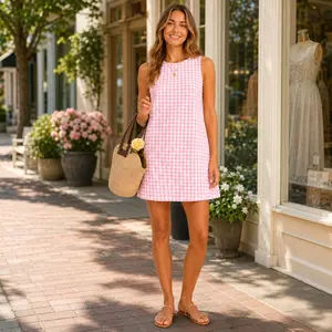 Women’s Pink Gingham Mini Sundress, Sleeveless A Line Summer Dress, Button Front Spaghetti Strap Cotton Beach Vacation Picnic Outfit