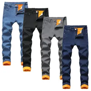 Men's Fleece Lined Skinny Slim Fit Winter Thicken Warm Stretch Jeans Menswear Pocket Machine Washable Straight Fit Denim Outfit Soft