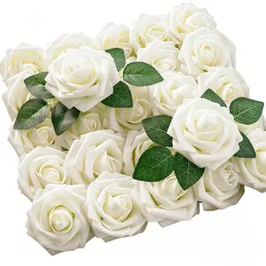 25pcs Real Looking Ivory Foam Fake Roses, Artificial Flowers with Stems, DIY Wedding Bouquets, Party Decorations, Bridal Shower Centerpieces