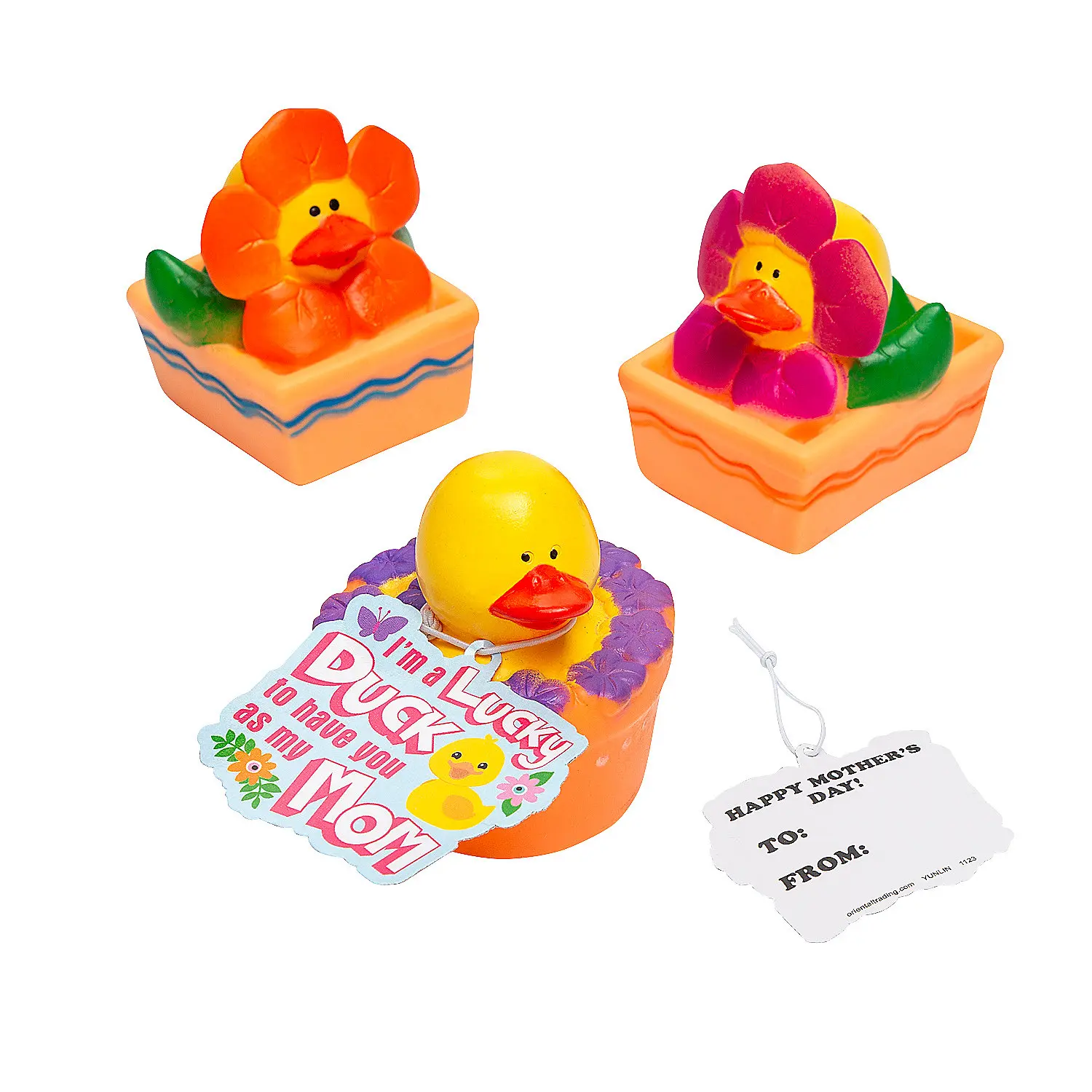 Spring Flowers Vinyl Rubber Ducks with 2" x 1 3/4" Mother’s Day Cards, Kids Gifts, Handouts (12-Pack), 2" X 1 3/4" Cards