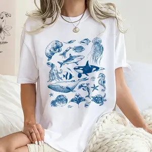 Vintage 90s Tattoo Sea Animal Tshirt Retro Ocean Nature Graphic Tee Women Marine Life Vintage Shirts Beach Lover Tshirt Unisex Retro Shirts Cotton Fabric Relaxed Fit Chic Style