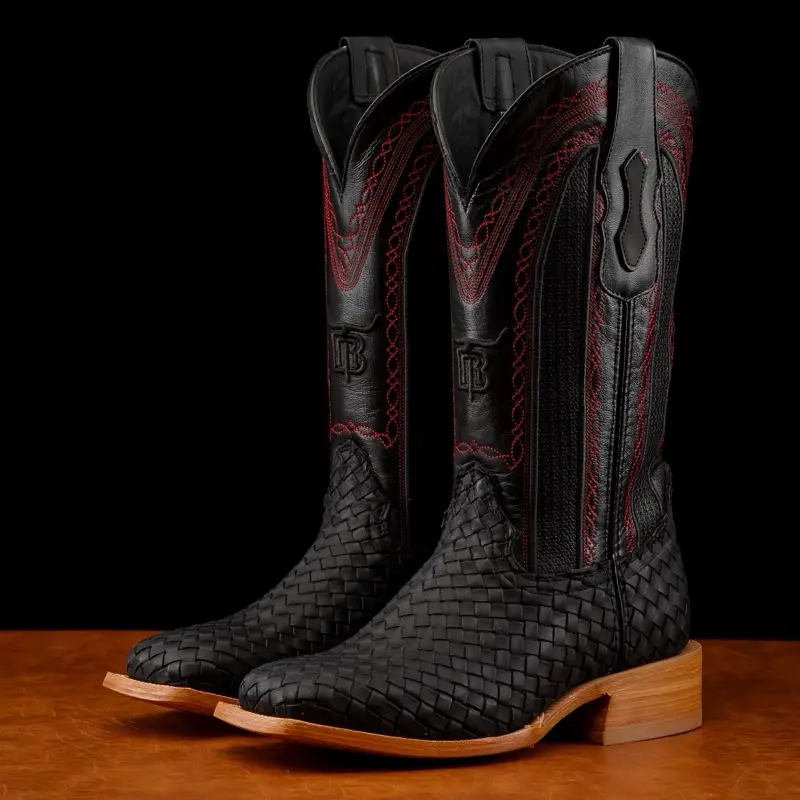Black Basketweave Leather Boots - Square Toe
