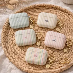 Personalized Monogram Airpod Case Stripes Initials, Name Custom Cover For Airpods Gen 1 2 3 4 Pro, No Keychain, Protective Accessories Gift