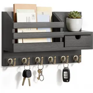 FifthQuarter Key and Mail Holder for Wall, Mail Organizer Wall Mount with 6 Hooks and Storage Drawer, Easy Installation Key Rack for Entryway and Home Decor (A-Black)