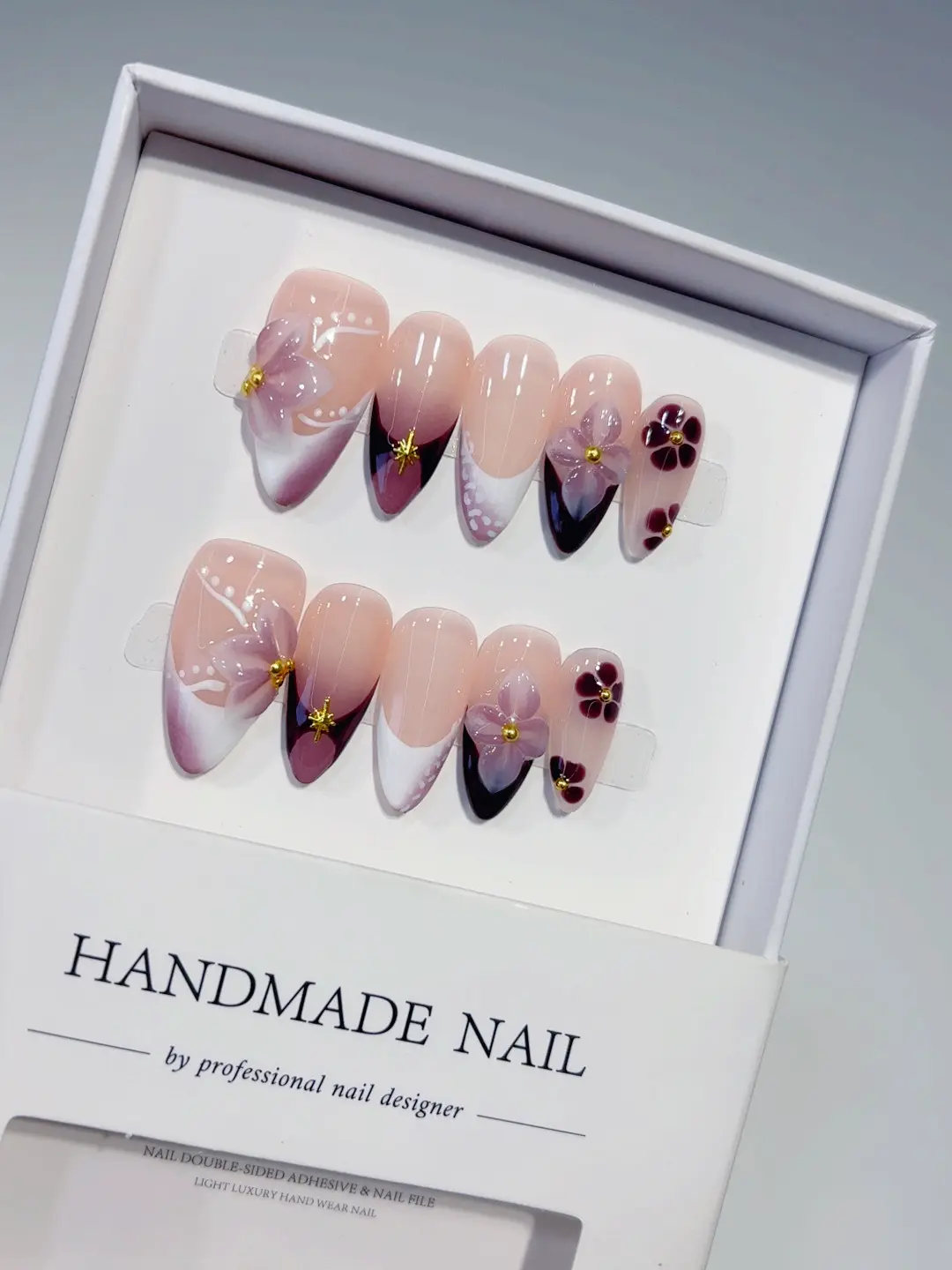 Handmade Press on Nails, 10PCS 3D Flower Purple Gradient Almond Fake Nails with Gold Rhinestone Decor, Reusable Salon Quality Acrylic Glue on Nails, Full Cover Stick on Nails for Women Daily Party Fall Winter Wedding