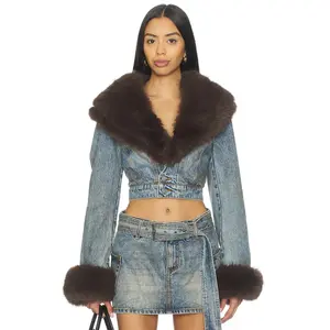 AFRM The Low Neck Denim Jacket With Faux Fur in Dusty Tint Wash