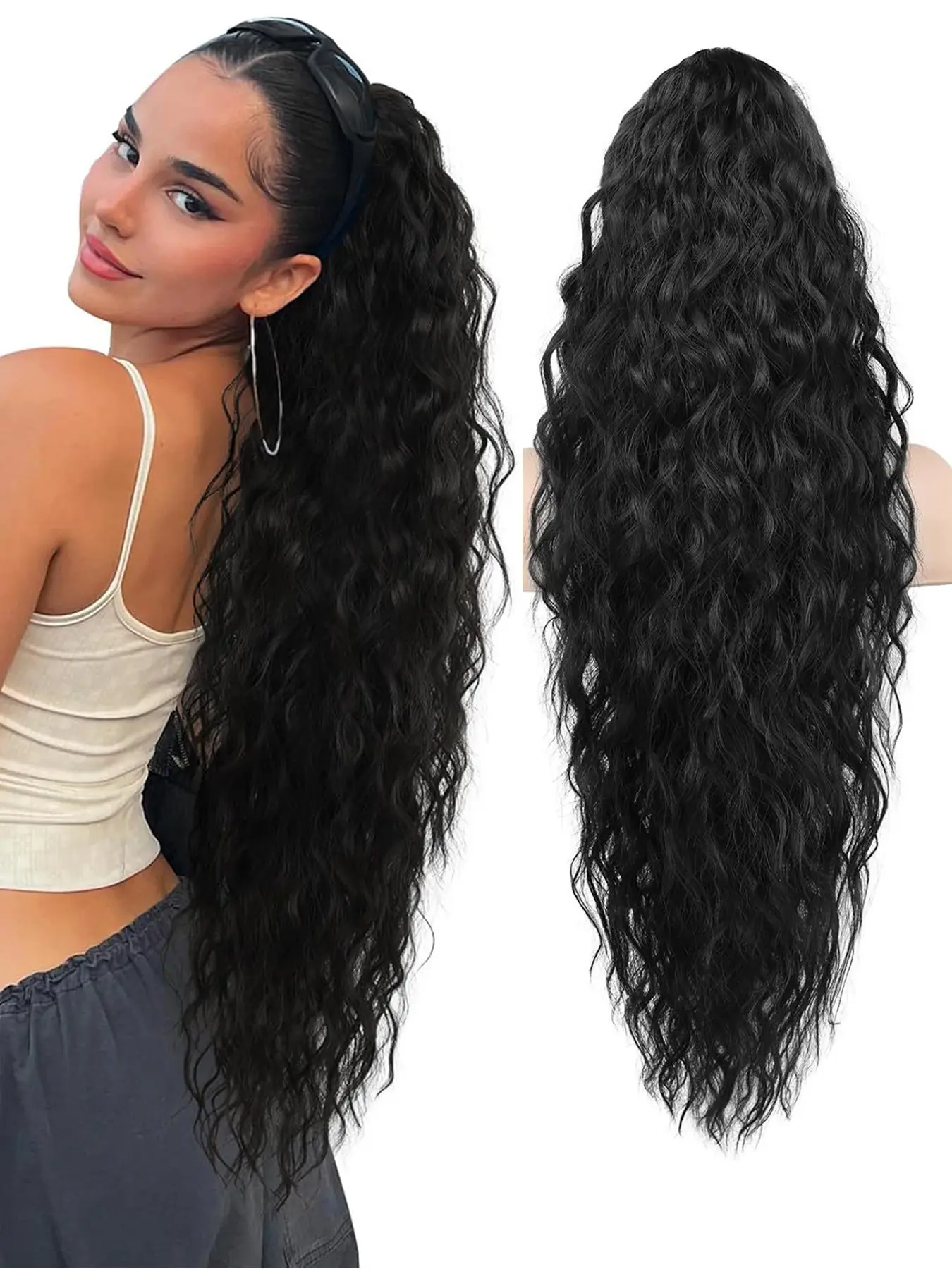 Big Card Comb Drawstring Long Ponytail Fluffy Water Wave Hair Extension 30 Inch Heat Resistant Fiber Ponytail Extension Wide Tooth Comb Drawstring Ponytail Synthetic Hair for Women Synthetic Ponytail Hairpieces Hair Extensions Ponytail