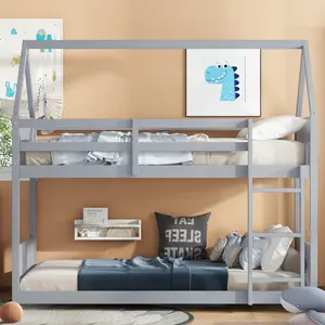 [Bellemave]Twin Over Twin House Floor Bunk Bed with Headboards, Footboards and Guardrails, Ladder, Rubber Wood Bunk Bed with Safety Guardrails,Light Grey