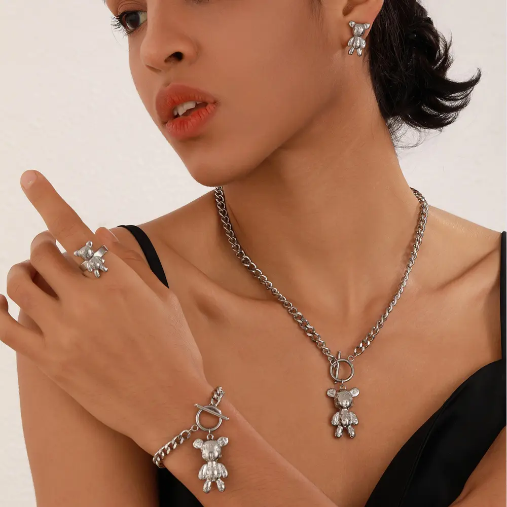 Brand Stainless Steel Bear Robot Doll Necklace, Bracelet, Earrings, Ring 4pcs Jewelry Set