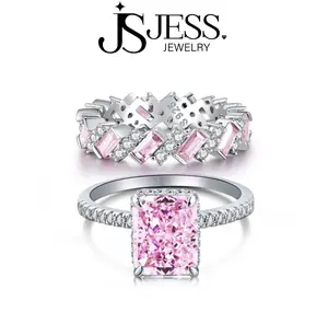 【#211】 Timeless Grace Classic Sugar Cube High Carbon Stone Ring Set Includes Ring and Band S925 Sterling SIlver Jewelry  for Fashion Woman Pink/Green