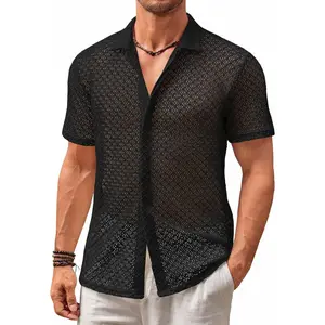 PASLTER Mens Button Down Knit Shirt Short Sleeve Crochet Shirts Casual Hollow Out Summer Beach Vacation Tops