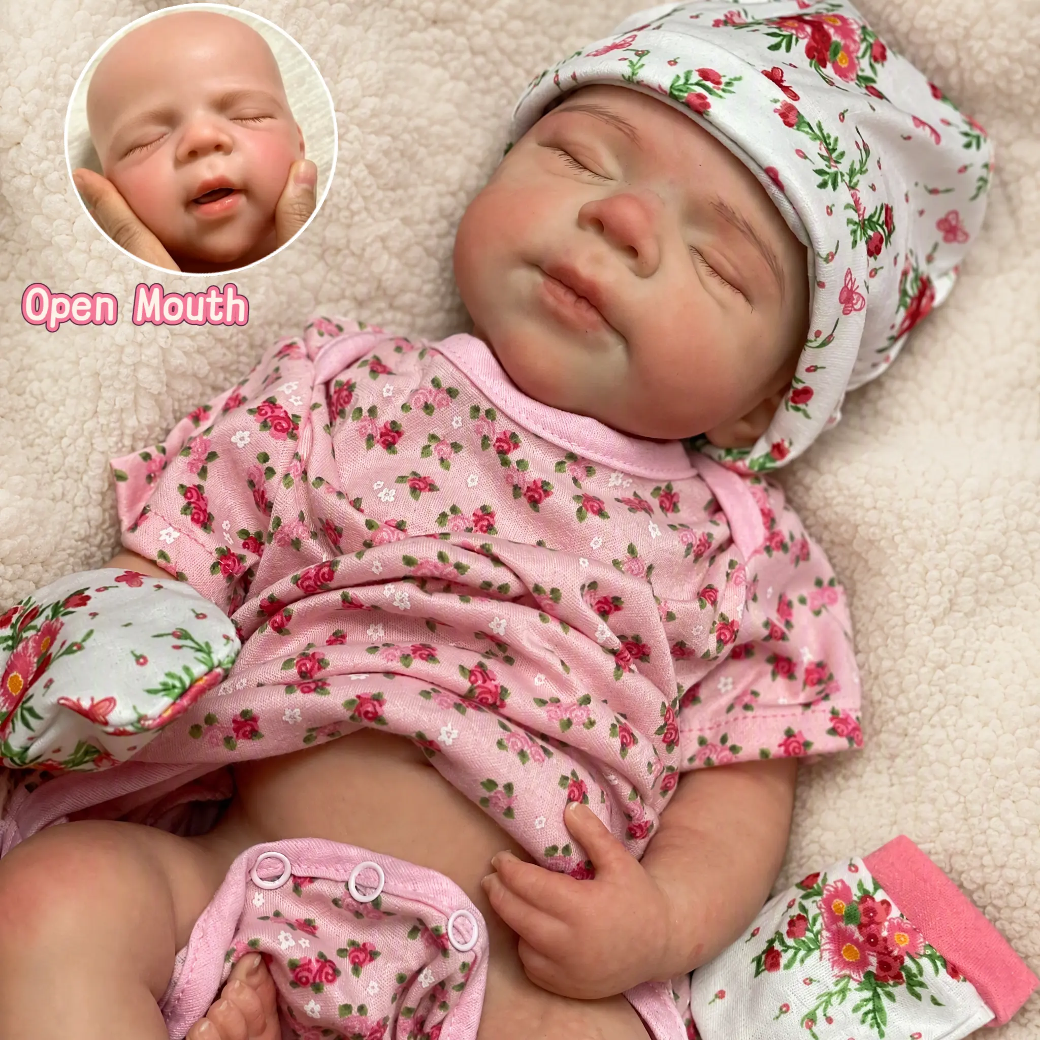 18in(45cm) Full Body Silicone Reborn Baby Doll - Realistic Newborn Girl, Lifelike Sleeping Design, Open Mouth, Sweet Floral Outfit, Bottle, Soft Touch, Hand-Painted Details, Waterproof Collectible Toy for Kids