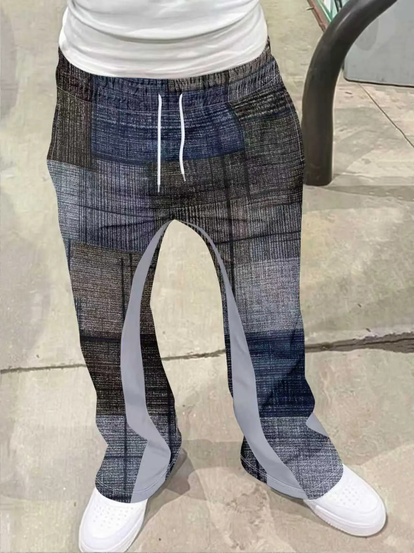 Men's Loose Fit 3D Print Geometric Bell Bottom Pants, Casual Sport Trousers, Casual Fashion Bottoms, Casual Sporty Streetwear, Hip Hop Vintage Long Pants, All Seasons Fashion