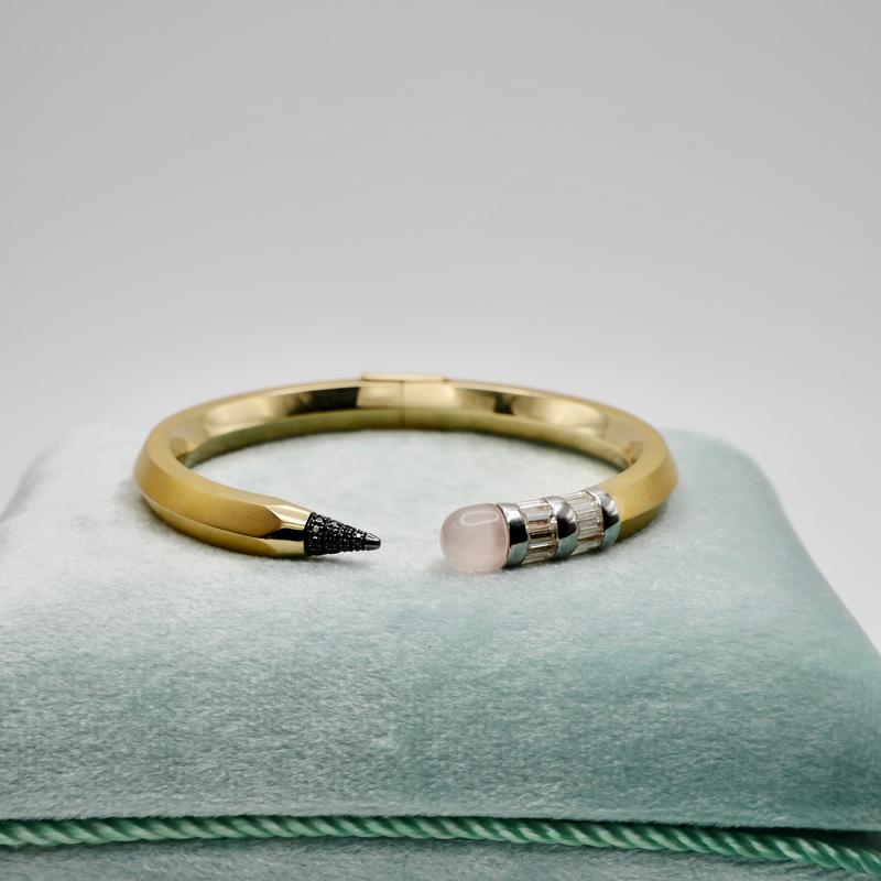 18K Solid Gold Pencil Bracelet Bangle with Moissanite and Pink Nephrite