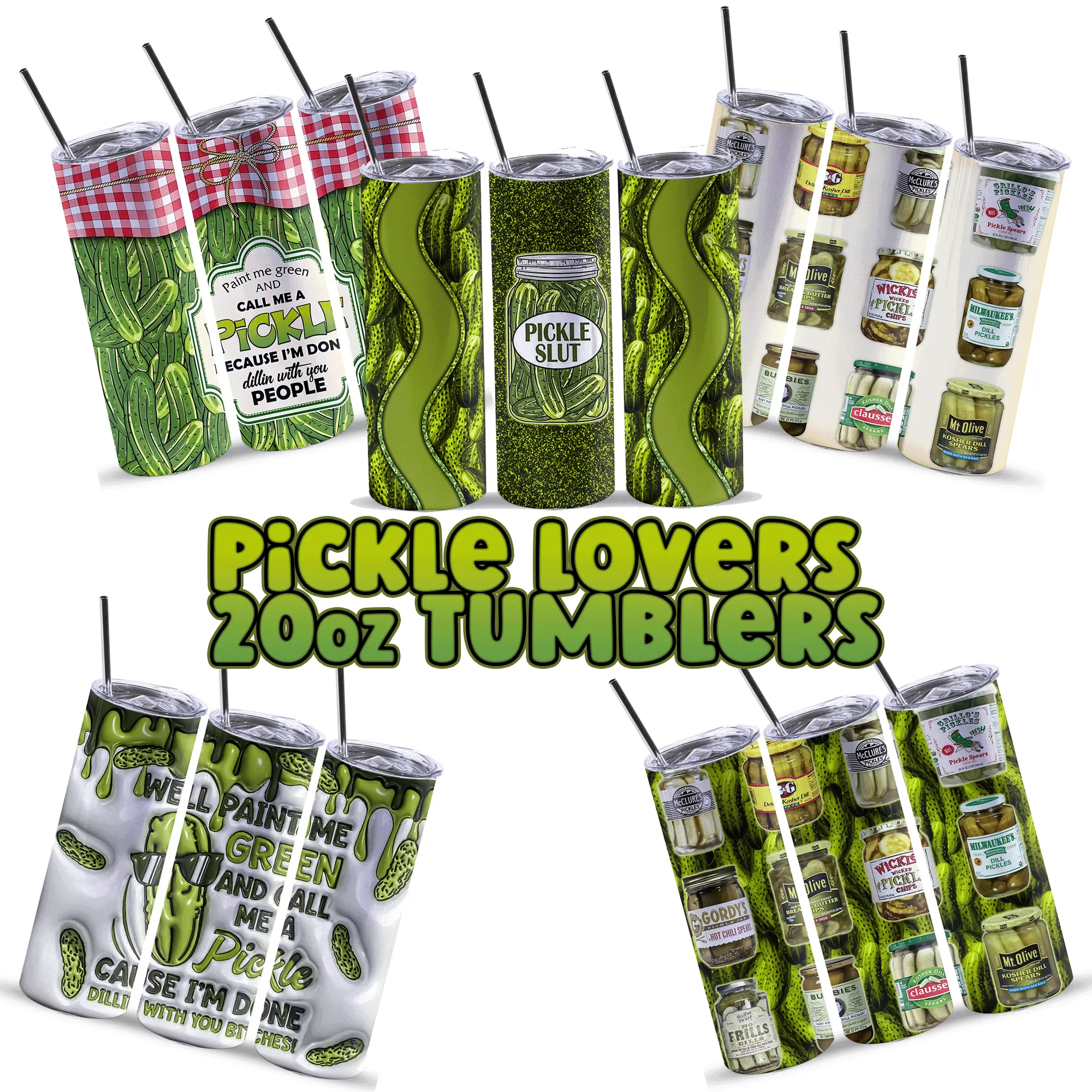 Pickle Lovers 20oz Insulated Tumbler Reusable Drinkware with Fun Pickle Designs & Straws Included BPA Free