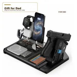 Multi Functional Tactical Desk Organizer with Detachable Handgun Safe - Quick Access Trigger Lock Gun Rack, Card Storage, EDC Valet Tray & Phone Stand - Father's Day Gifts for Him