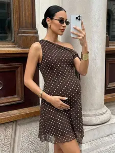 Stride x MaterniWear Maternity Photoshoot Clothes, Business Casual Elegant Maternity Regnant Women's Polka Dot Asymmetrical Shoulder Ruched Casual Everyday Dress Summer