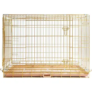 Copper   Crate 42 Inch, Portable Folding Metal Wire  Kennel   Cage with Removable Floor Grid, Pull-Out Tray, Double Doors, Handle for Large Dogs, Indoor Outdoor