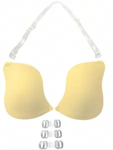 Women's Solid Wireless Strapless Push Up Bra with Transparent Straps, Fashion Style Comfortable Breathable Backless Bra, Lingerie Underwear for All Seasons