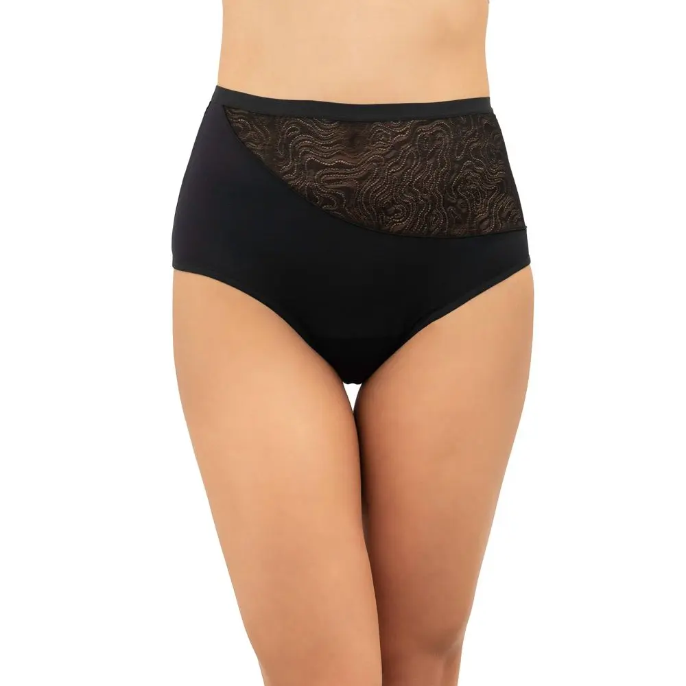 Saalt Leak Proof Period Underwear Regular Absorbency - Soft-Stretch European Lace High Waist Briefs - Volcanic Black - M