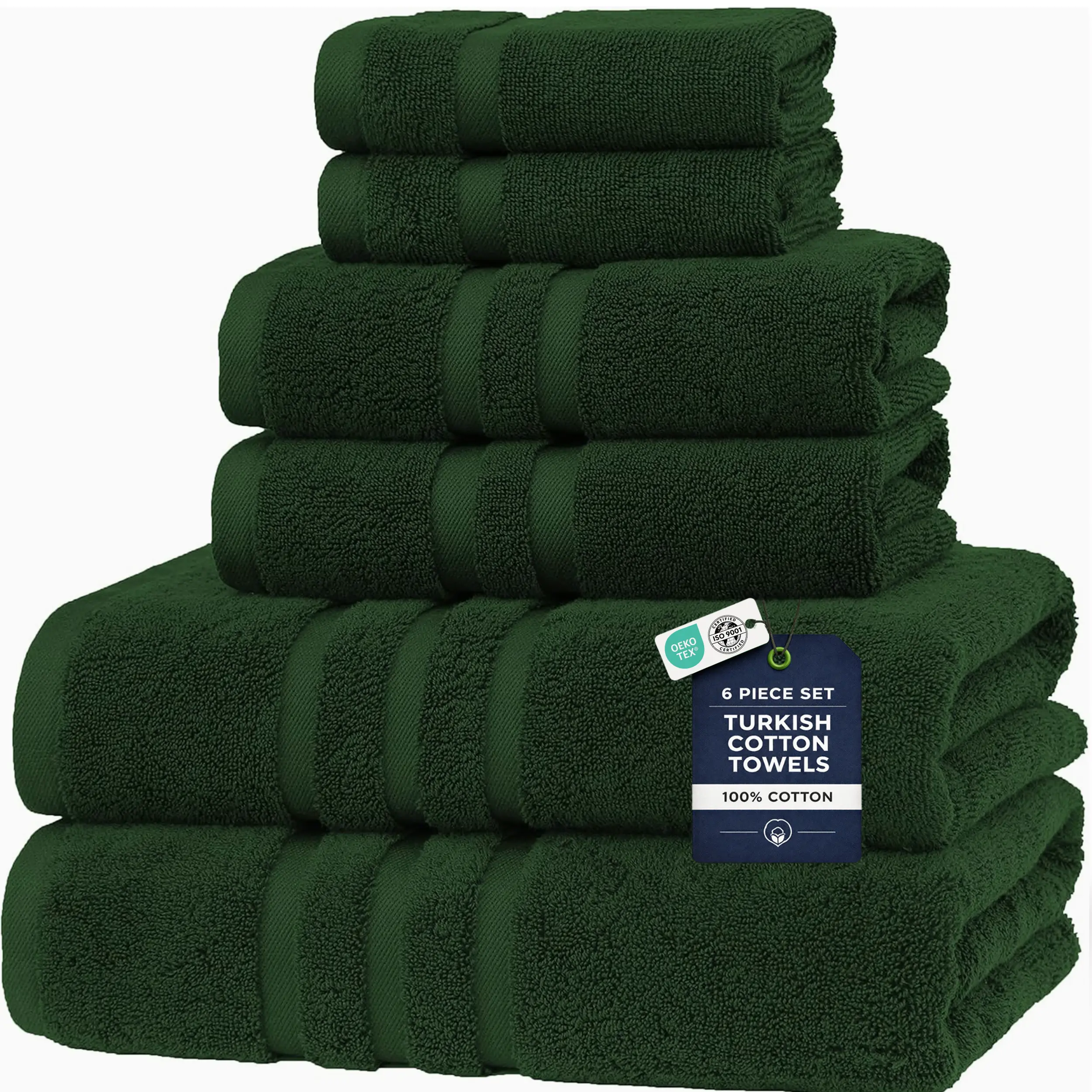 Veteran Textile 6 Piece Towel Set - 100% Pure Turkish Cotton - Luxury Towel Set for Bathroom & Kitchen, 2 Bath Towels, 2 Hand Towels & 2 WashCloths.  DARK GREEN