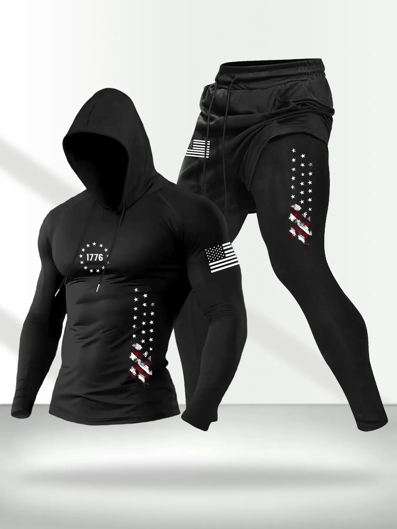Men's Casual Print Two-Piece Set, Hooded Long Sleeve Fitted Top & Faux Twinset Pants, Slight Stretch Elastic Fabric Outfit, Perfect for Spring & Fall