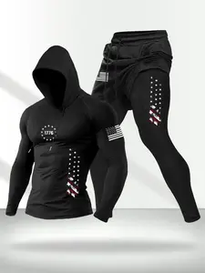 Men's Casual Print Two-Piece Set, Hooded Long Sleeve Top & Faux Twinset Pants, Slight Stretch Fabric Outfit, Perfect for Spring & Fall