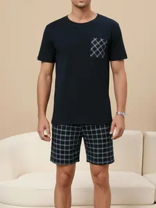 Men's Spring & Fall Sleepwear Set, Casual Comfort Round Neck Short Sleeve Pocket T-Shirt and Plaid Print Long Pants, Home Wear Loungewear