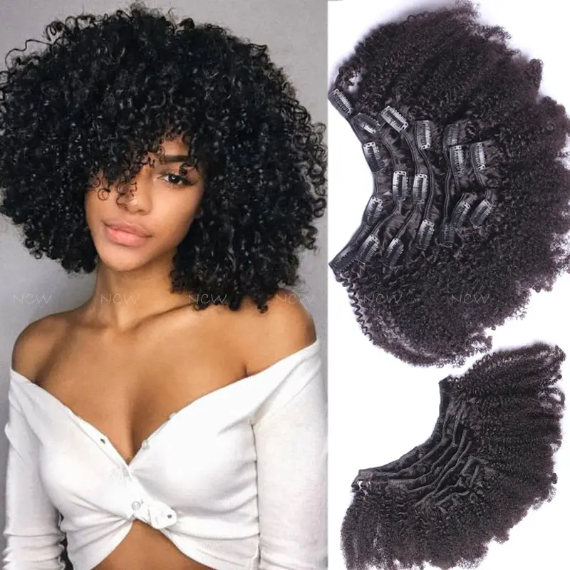 Afro Kinky Curly Clip in Virgin Human Hair Extensions for Black Women, 8 Pieces/Set, 95g-120g Full Head Wefts, Natural Black, 8"-22" Clip Ins, Clip Ins For Black Women