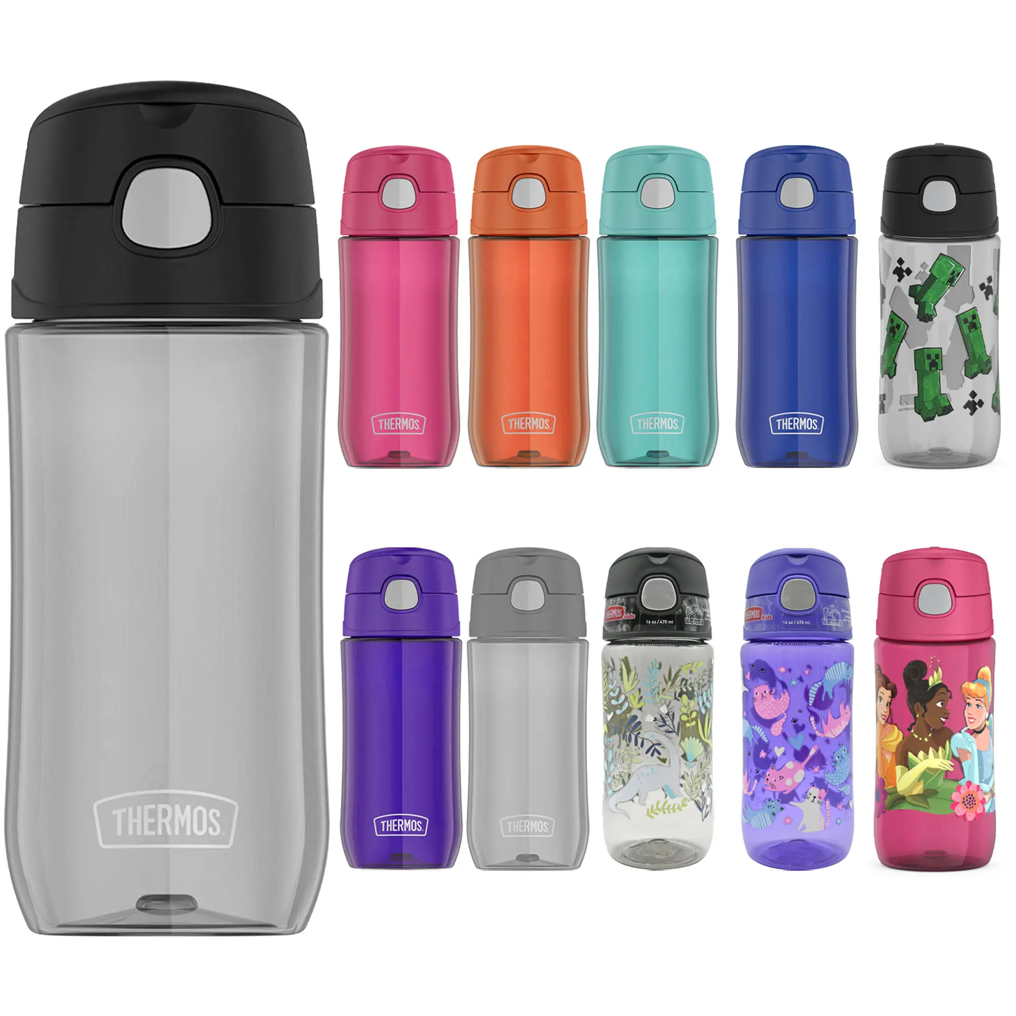 Thermos 16 fl oz Kid's Funtainer Plastic Water Bottle, Wide Mouth Water Flask, Hydration Tumbler with Spout Lid for Kids