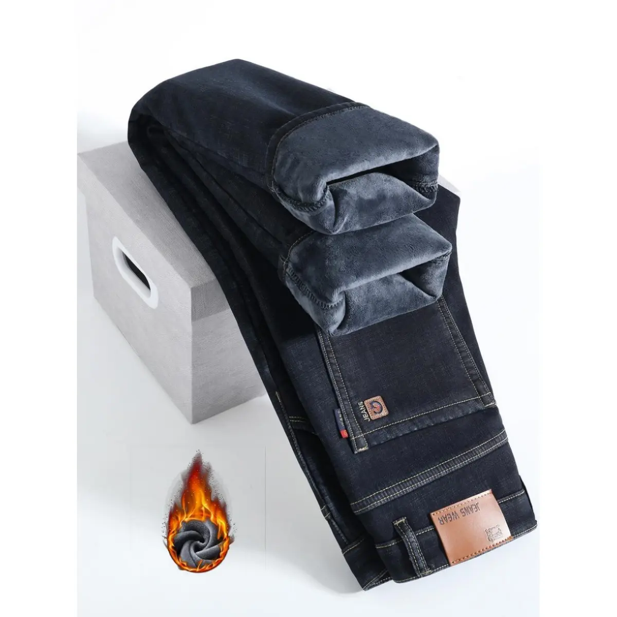 Men's Fleece-Lined Denim Jeans - Button Closure, Loose Cut Straight Leg Long Pants, Warm Fashionable Winter Washed, Casual Wear, Washed Jeans
