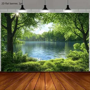 2D flat banner, 1 piece. Tranquil and natural photography background fabric - clear river, lush green forest and tree background fabric under the sunlight. Suitable for photography studios and various events. kdj