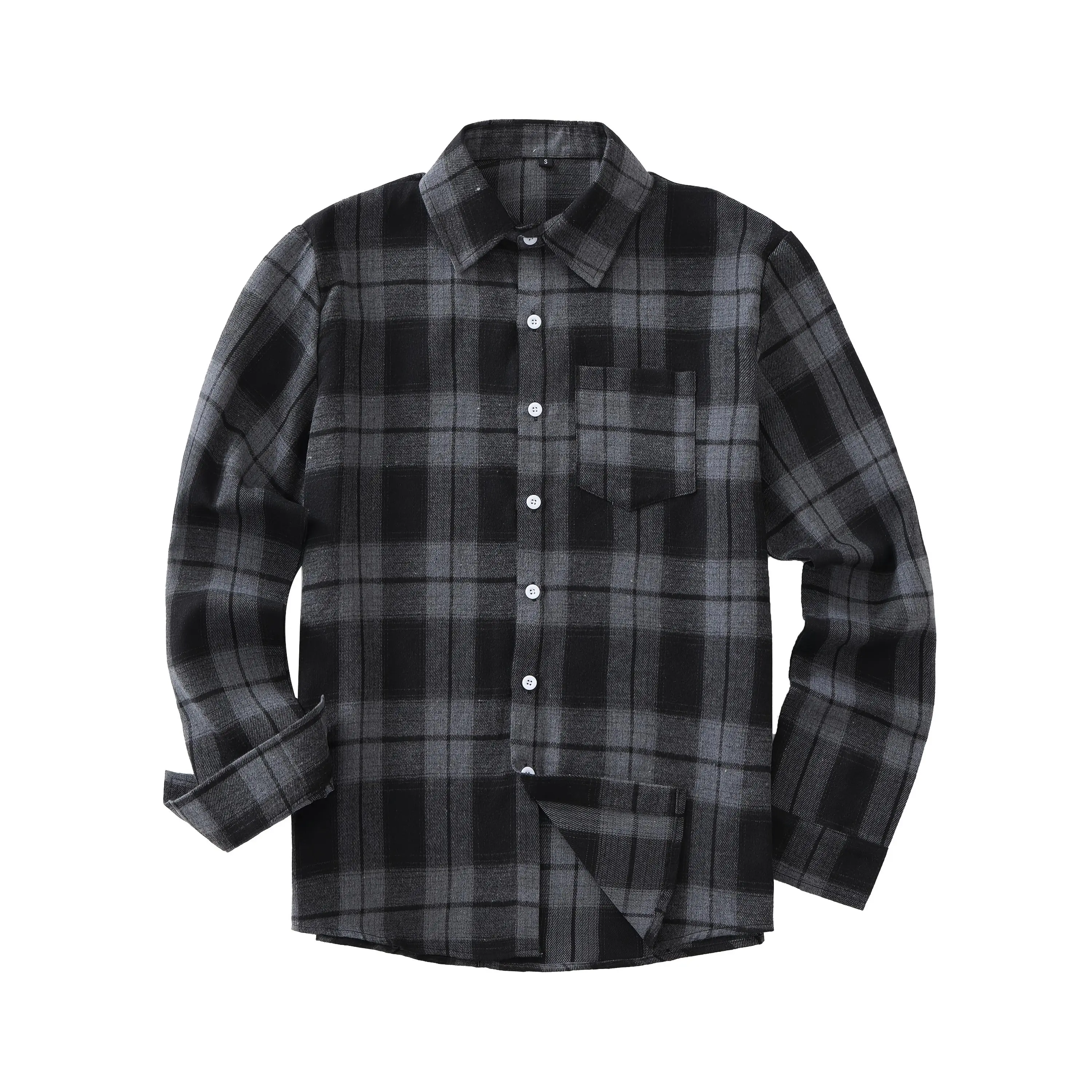 Men'S Black Gray Plaid Long Sleeve Casual Lapel Pocket Shirt