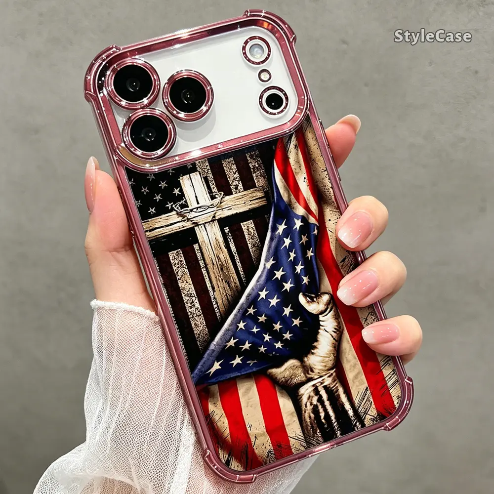American Flag Bible Cross Phone Case for iPhone 17 16 15 14 13 12 11 Pro Max Plus Air, Patriotic Christian Faith Clear TPU Shockproof Metallic Edge Cover Gift DDSJ260627029